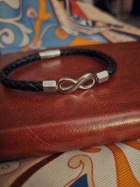 Men's Black Braided Leather Bracelet with Silver Infinity Accent